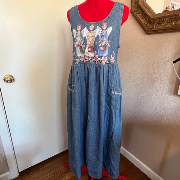 Vintage Denim Jumper Teacher Dress "An Angel's Work Is Never Done" - Picture 2 of 5